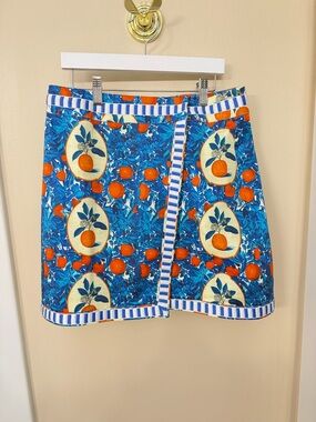 HUNTER BELL Blue and Orange Fruit-Print Mini Skirt